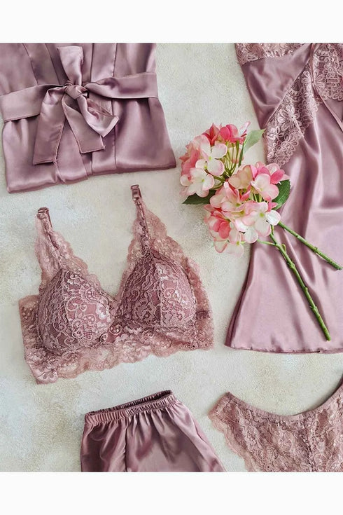 Dried Rose Satin Dressing Gown and Shorts 6 Pcs Dowry Set